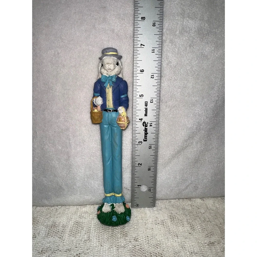 Easter Bunny Figurine Dressed in Blue‎ Suit Holding Baskets Figurine
